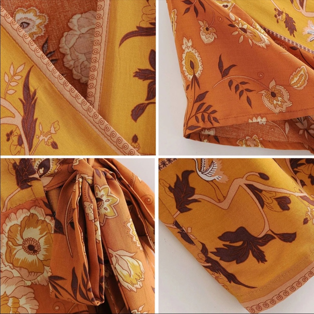 Boho Floral Gypsy Print Maxi Wrap Dress Yellow - Picture 4 of 5